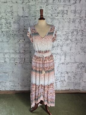 Peach Floral High-Low Maxi Dress with Tassel Waist